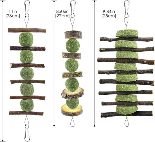 ERKOON Bunny Chew Toys, Rabbit Chew Toys for Teeth Grinding, Improve Dental Health, 100% Natural Apple Wood Timothy Grass Cake Treats for Rabbits Guinea Pigs Chinchillas Bunnies Hamsters (7 Pcs)