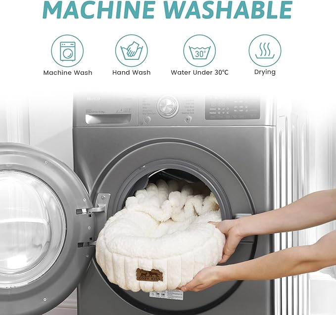 Small Dog Bed with Hooded Blanket, Round Fluffy Anti-Anxiety Pet Bed for Small Dogs & Medium Dogs, Cozy Donut Cuddler with Machine Washable Faux Fur & Anti-Slip Bottom(26"×26"×7",Cream)