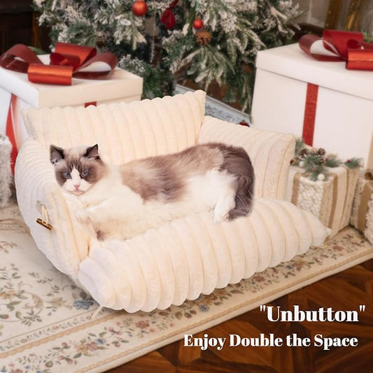 Cat Couch Bed for Indoor Cats Fluffy Cat Sofa Recliner with Removable Washable Cover Cute Pet Lounge Suitable for Puppy Kitten (Off-White)
