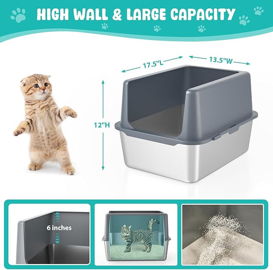 Litter Box with Lid, Stainless Steel Litter Box, 12" Metal Litter Pan High Sides, Small Litter Tray for Kittens, Cat Litter Tray Covered Grey, Easy Clean