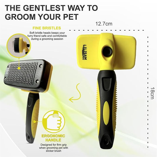 Pet Self Cleaning Slicker Brush and Grooming Comb - Gently Removes Loose Hair, Tangles, and Dirt - Skin Friendly Deshedding Grooming Tool for Hair Dogs & Cats - Pet Supplies Accessories (Yellow)