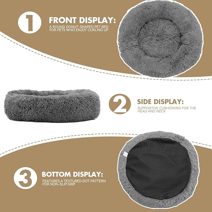 Athena Collection Washable Dog Bed Medium Size Dog, Cat Bed for Indoor Cats, 31 Inches Fluffy Faux Fur Round Pet Bed Calming Cozy Soft Warming Donut for Medium Puppy Kitten, Grey