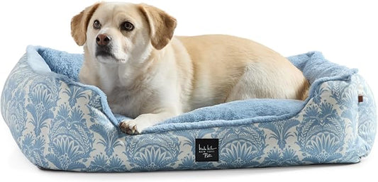 Nicole Miller New York PET Mod Damask Plushy Bolster Pet Bed, Cozy & Calming, Non-Slip Bottom, Machine Washable Cover, Blue, Small 24"x19"x7"