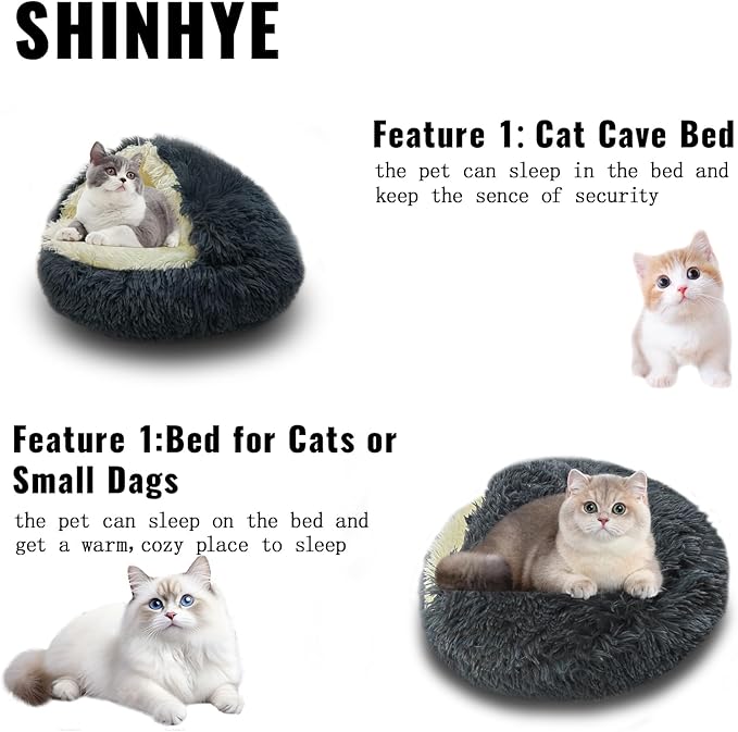 ShinHye Cat Bed Round Plush Fluffy Hooded Cat Bed Cave, Cozy for Indoor Cats or Small Dog beds, Soothing Pet Beds Doughnut Calm Anti-nxiety Dog Bed - Waterproof Bottom Washable (20×20inch, Dark Grey)