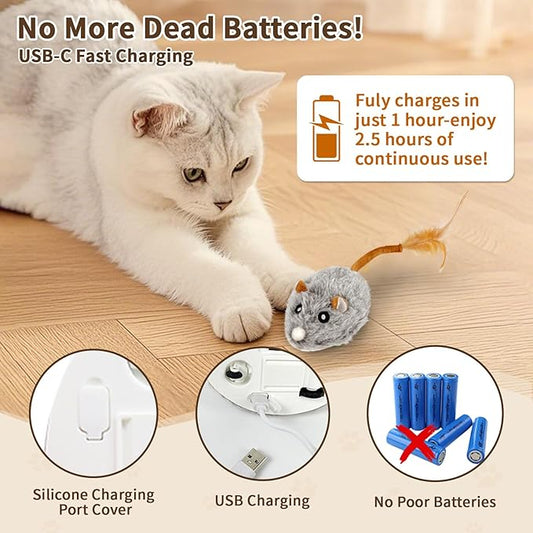USB Rechargeable Electric Mouse Cat Toy with Squeaky Sound, Interactive Toys for Indoor Cats, Automatic Mice Kitty Toys with Realistic Chirping, Fun Exercise Hunting Plaything for Pets