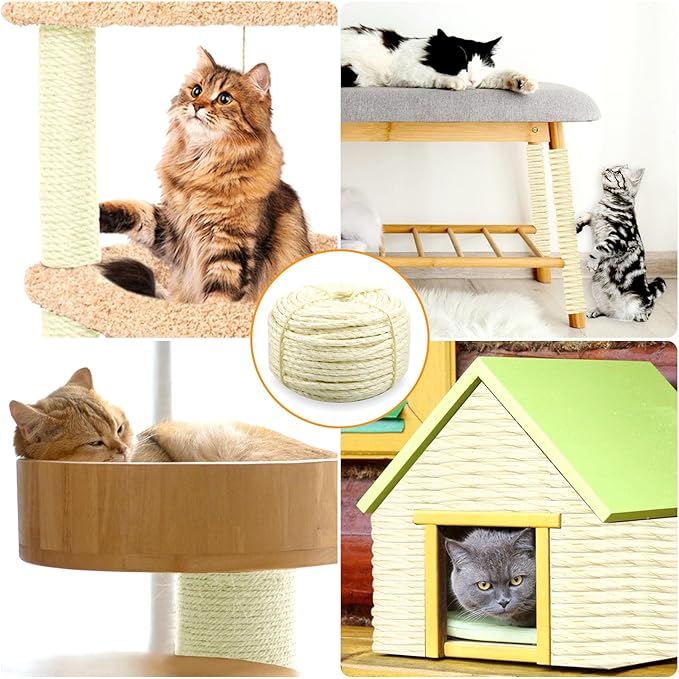 Sisal Rope for Cat Scratcher 1/4" Diameter 328 FT Cat Natural Sisal Rope for Repairing Cat Scratching Post Cat Tower Repair Rope Cat Tree Rope Replace Recovering and DIY