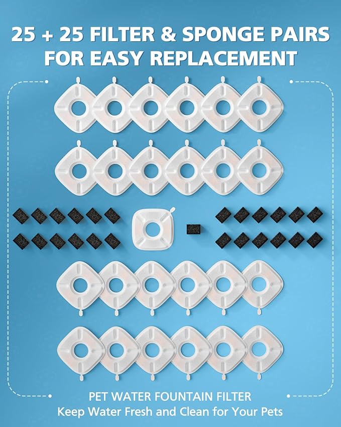 50 Pcs Cat Water Fountain Filters for Veken 95oz/2.8L, 67oz, 85oz, 135oz Dog Water Fountain Automatic Pet Fountain Dog Water Dispenser 25Pcs Pet Fountain Filter Replacement & 25Pcs Pre-Filter Sponges