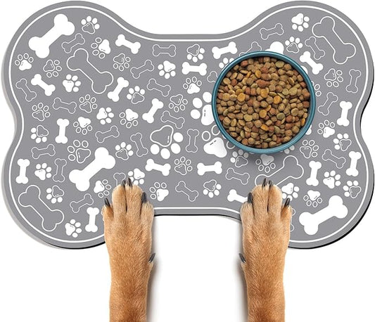 Dog & Cat Food Mat Bone Shaped Pet Feeding Mat Quick Absorb Water Bowl Placemat with Rubber Backing Indoor Floor Stain Resistant Pet Accessory Supplies (Grey, 16x24 Inches)