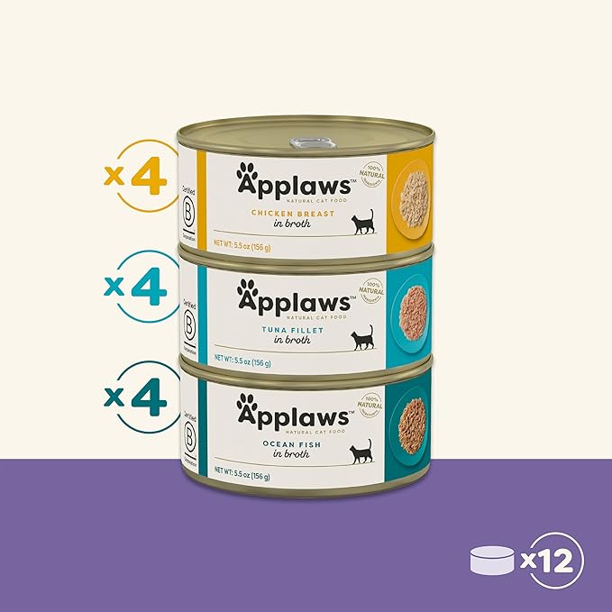 Applaws Natural Wet Cat Food, Limited Ingredient, Grain-Free, Protein with No Artificial Additives, Variety Pack in Broth (12 x 5.5oz Cans)