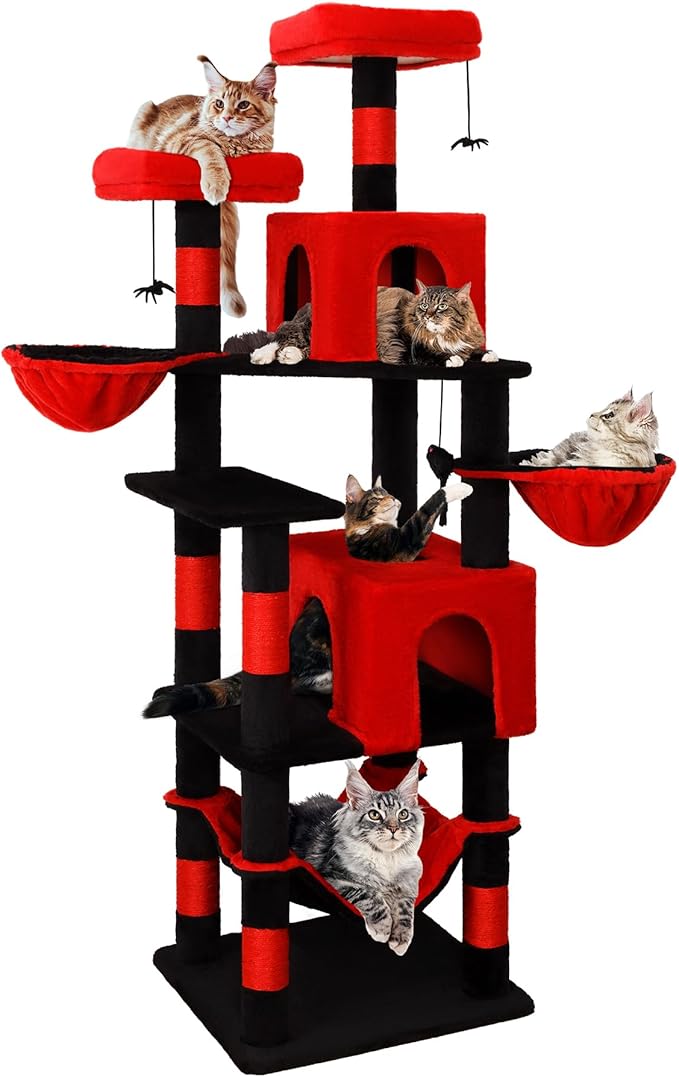 AMHANCIBLE Gothic Cat Tree, 70 Inch Tall for Indoor Adult Cats, Large Multi-Level Tower with Scratching Post, Hammock, Condos, Hanging Basket, Activity Center to Play and Sleep, Black Red, PT18RD