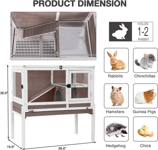 Guinea Pig Cage Indoor with Cool Zinc Plate Rabbit Hutch with Wheels and Removable Proof Tray Elevated Legs Hamster Cage with Chew-Resistant Metal Frame 36.6" L(Brown)