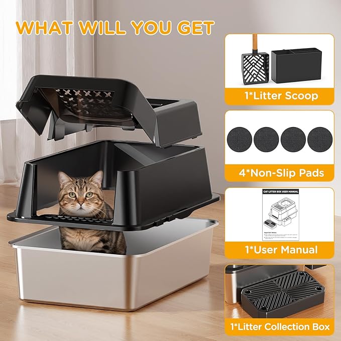 Stainless Steel Litter Box with Lid, XL Closed Metal Litter Box Modular Design with Flip Lid Fits All Cats, Extra Large Covered High Sided Cat Box, Scoop, Non-Sticky, Easy Cleaning, Black
