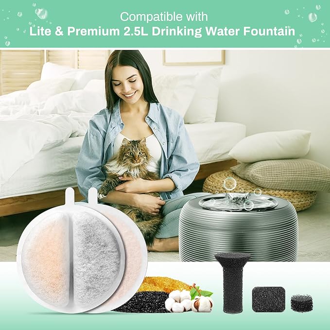 6 Pack Cat Water Fountain Filters for Lite & Premium 2.5L Drinking Fountain, Activated Charcoal and Ion Exchange Resin for Water Filtration, Replacement Filter/Foam/Sponge for 84 fl oz Pet Fountain