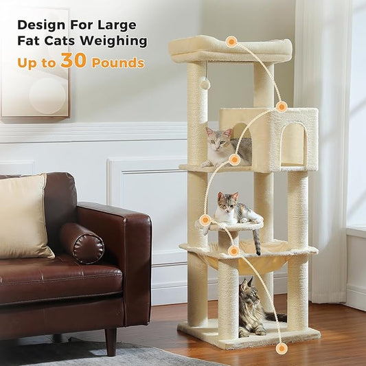 Large Cat Tree with Reinforced Scratching Posts (φ3.7in) for Big Adult Cats 30 lbs, 57.8" Heavy Duty Cat Tower with Larger Hammock and Condo, Cat Furniture for Maine Coon, Plush,Beige