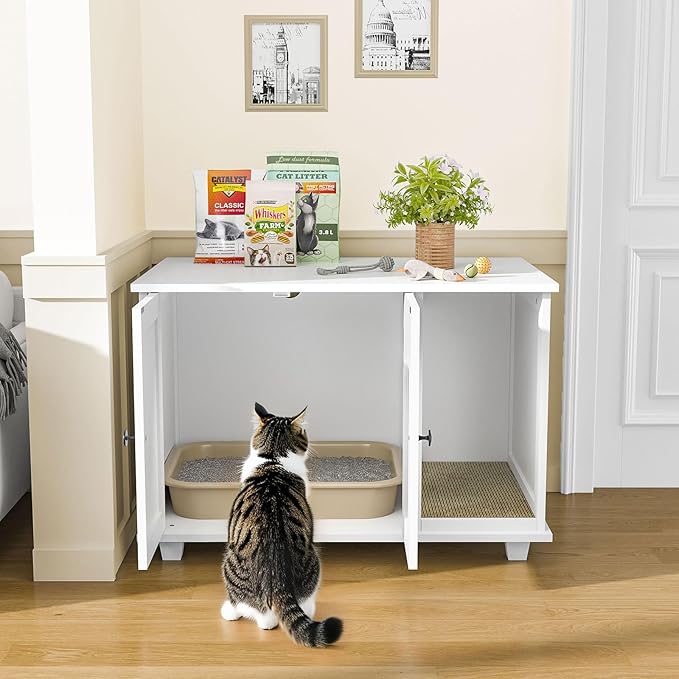 Cat Litter Box Enclosure,Wooden Cat Washroom Furniture with Barn Door, Pet House Hidden Litter Box,Litter Box Furniture Fit Most of Litter Box