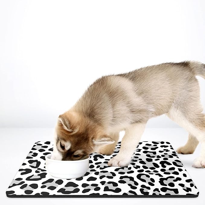 Rnivvi Dog Food Mat, 16" x 24" Leopard Absorbent Dog Cat Bowl Mat for Food and Water, Cute Anti-Slip Rubber Pet Feeding Rug Protect Floors, Puppy Placemat for Feeding & Watering Supplies, Leopard
