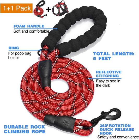 No Pull Dog Harness Adjustable Reflective Oxford Easy Control Medium Large Dog Harness with A Free Heavy Duty 5ft Dog Leash (S (Neck: 14"-17", Chest: 18"-21"), Red Harness+Leash)