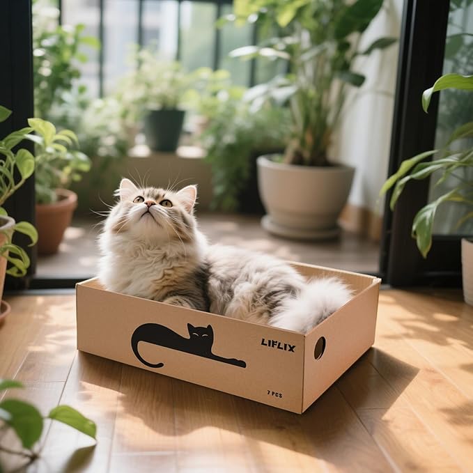 7PCS Reversible Cat Scratching Pads with Box, 16.5" Lx12.6" Wx5.9 H Extra Large Cardboard Scratcher with Catnips, Cat Scratch Boxes for Indoor Cats