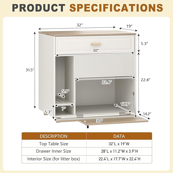 Cat Litter Box Enclosure - Indoor Litter Box Furniture Hidden with Drawer and Door - 32"x19"x32"H