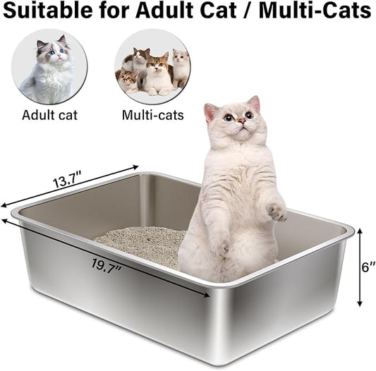 Stainless Steel Litter Box 2Pack,19.68" x13.77.x6 Large Metal Cat Litter Box,Steel Litterbox for Adult Cats/Kitty,Easy to Clean, Non Stick No Smell