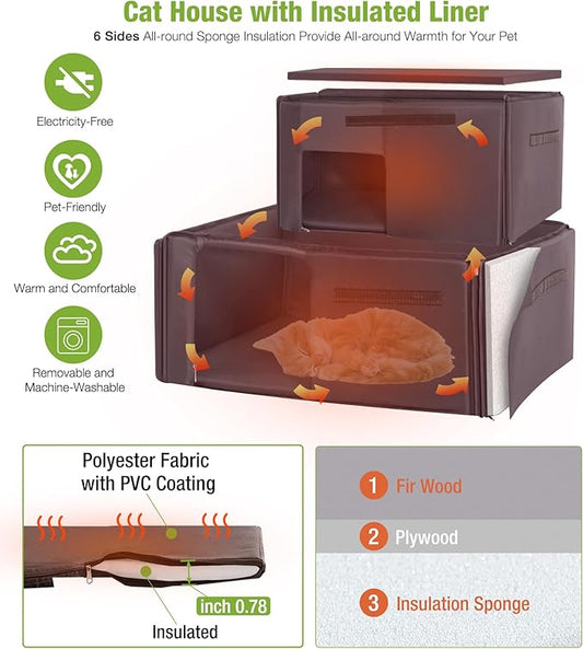 GUTINNEEN Insulated Cat House Outdoor for Winter, Wooden Weatherproof Outside Feral Cat Shelter with Liner, Large Balcony, Escape Door, PVC Door Strip, for Outdoor & Indoor