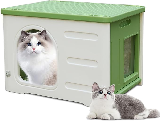 Deblue Plastic Cat House for Indoor & Outdoor, Waterproof Feral Cat House with Escape Door, Sturdy Pet Shelter for Cats, Puppy, Rabbit, Easy to Assemble and Clean-Green