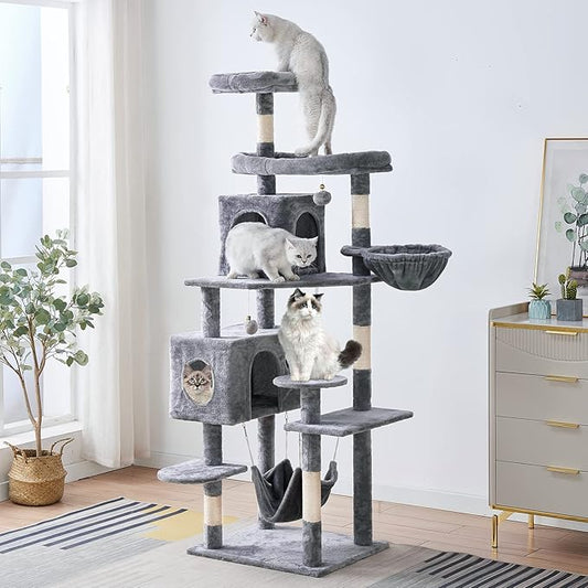 Cat Tree 71.6 inches Cat Tower for Indoor Cats, Multi-Level Cat Condo Furniture with Scratching Posts, Plush Perches, Activity Center with Cozy Basket & Hammock for Large Cats,Light Gray
