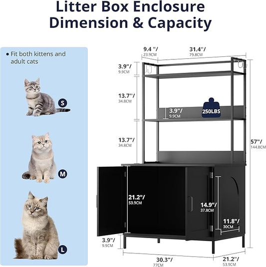 Cozy Castle Litter Box Enclosure, 57'' Cat Litter Box Furniture with Large Cabinet, Shelves and 4 S-Hooks, Hidden Cat House for Most of Litter Boxes, Wooden Pet Washroom Indoor, Black