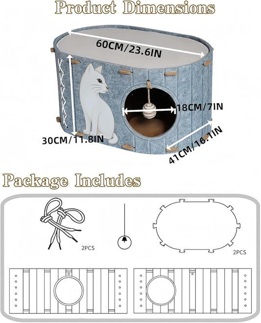 2-in-1 Large Cat House for Indoor Cats, Felt Cat Cave with Cushion, Dual Entrances & Sisal Ball Toy, Enclosed Bed for Large Cats or Multi-Cat Use, Supports 88 lbs
