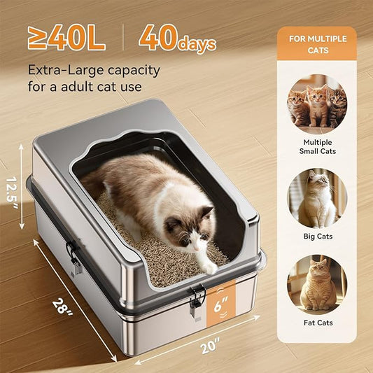 All-Metal 28" Extra Large Stainless Steel Cat Litter Boxes with Lid Metal Cat Litterbox Pan for Big Cats and Multiple Cats, Anti-Leakage, Easy Cleaning, Include Scoop