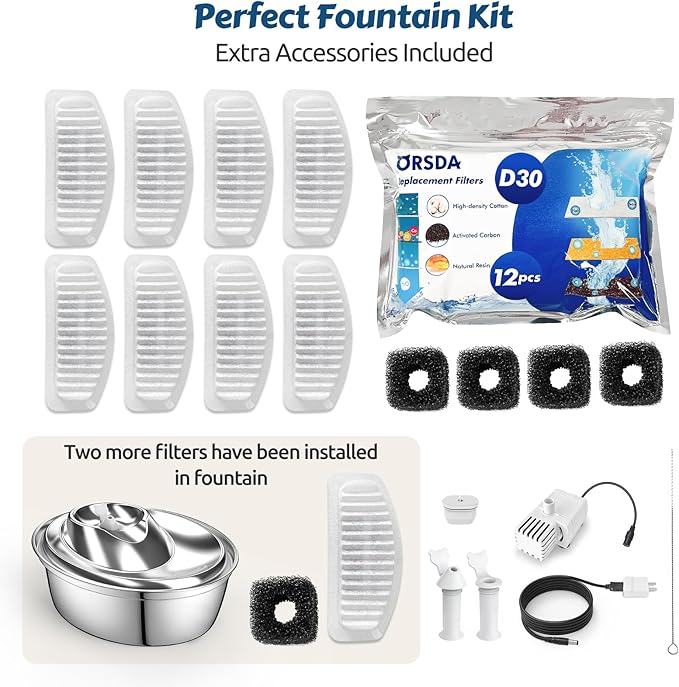 ORSDA Cat Water Fountain, 2L Stainless Steel Pet Water Fountain, Automatic Drinking Fountain Dog Water Dispenser with 12 Replacement Filters for Cats, Small Dogs