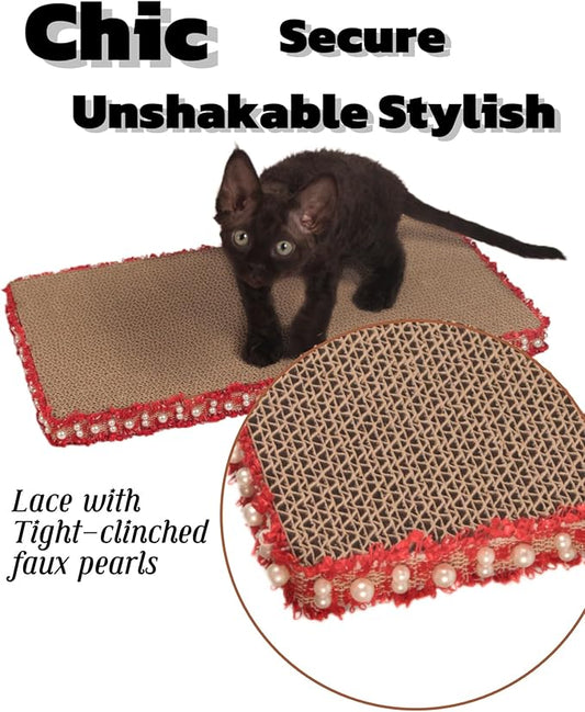 Classic Red Cat Scratch Pad, Stylish Boho Lace with Pearl Large Cardboard Cat Scratcher, Cat Scratchers for Indoor Cats, Durable Cat Scratching Board, Horizontal Scratch Pad for Cats