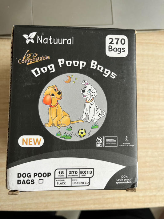Certified Compostable Dog Poop Bags-270 Bags 18Rolls, Poop Bags for Dogs Made of Cornstarch - ASTM D6400 By USA, Leakproof Easy Open, Unscented Dog Waste Bags (Black)