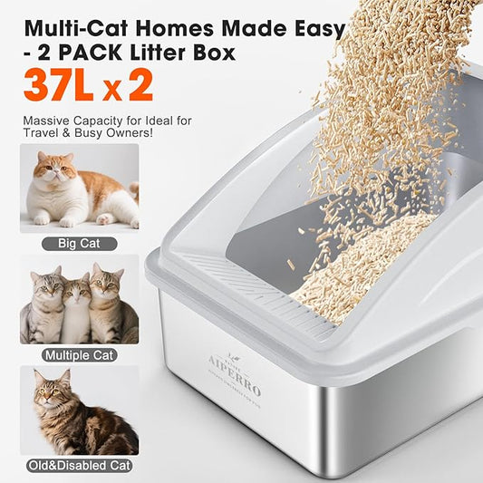 2 Pack Stainless Steel Litter Box | XL Enclosed Cat Litter Boxes with Lid for Big Cats and Multi-Cats | High Sided, Anti-Urine Leakage | Non-Stick Bottom(Silver Gray)
