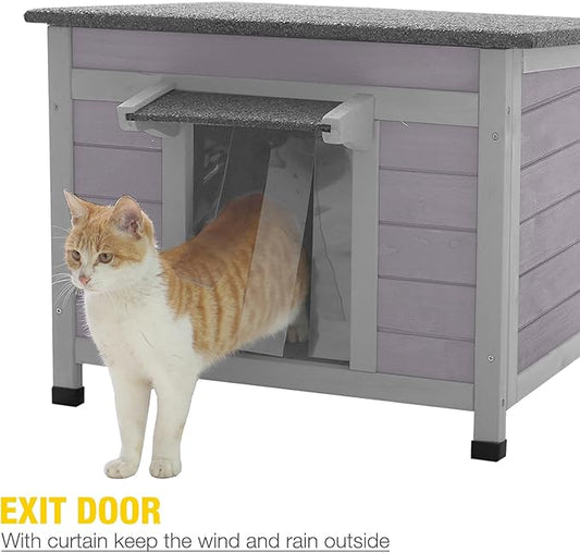 Cat House Outdoor Feral Kitty Houses with Curtain for Cats Insulated, Weatherproof Roof (Single-Deck)