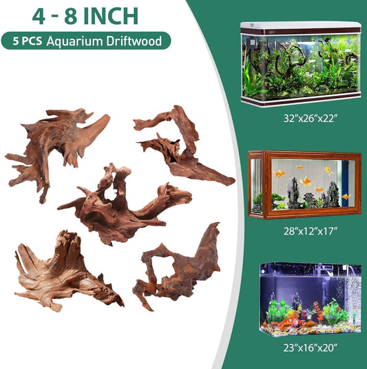 WDEFUN Natural Driftwood for Aquarium Decor, 5-Piece 5''-8'' Large Driftwood for Decorations on Fish Tank, Reptiles Bearded Dragon Accessories or Air Plants