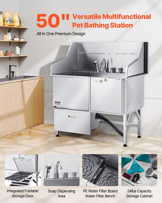 VEVOR Professional 304 Stainless Steel Dog Bathing Station, 50 inch Pet Grooming Tub w/Anti-Slip ramp, Storage Drawer, Cold Hot Faucet Showerhead, for Large & Medium & Small (Right Door, with Drawer)