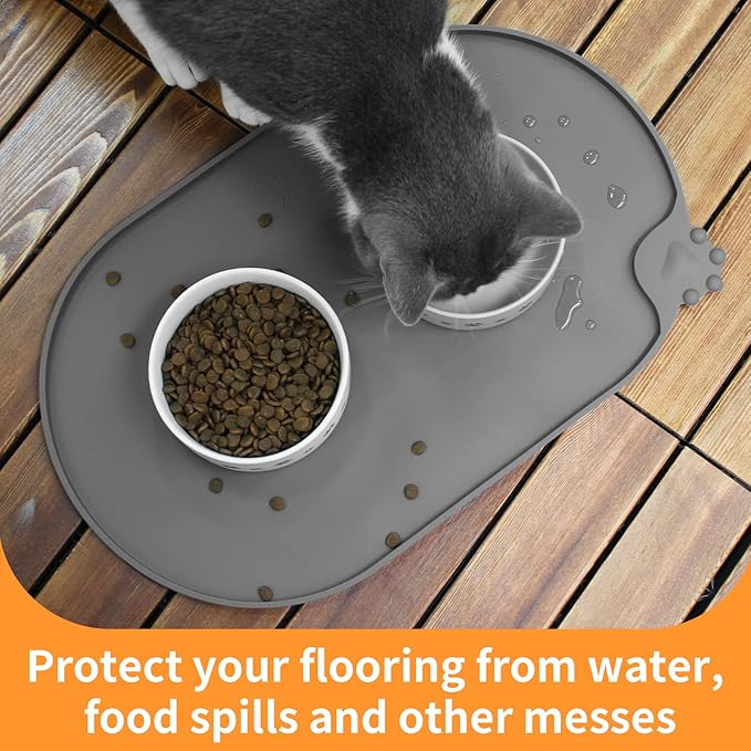 KPWACD Pet Placemat for Dog and Cat, Waterproof Silicone Dogs Feeding Bowl Mat Prevent Food and Water Overflow, High-Lips Puppy Dish Mats Suitable for Small Medium Big Pets, Grey, 24" * 16"