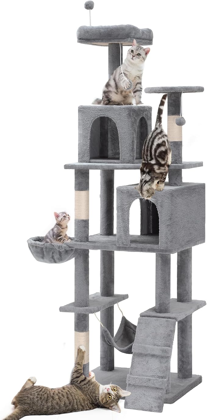 YITAHOME 75in Cat Tree Tower for Indoor Cats, Multi-Level Cat Furniture with Scratching Posts, Cat Caves, Padded Perch, Cozy Hammock, Ladder, and Plush Balls for Kittens, Pet Play House Light Gray