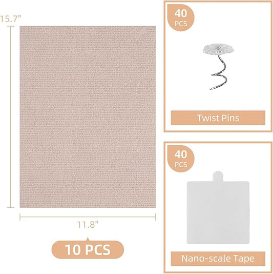Anti Cat Scratch Furniture Protector, 10 Pack | 11.8" X 15.7" / Per | Self-Adhesive Cat Scratching Mat for Couch, Wall, Door, DIY, Durable, with 40 Twist Pins (Khaki)