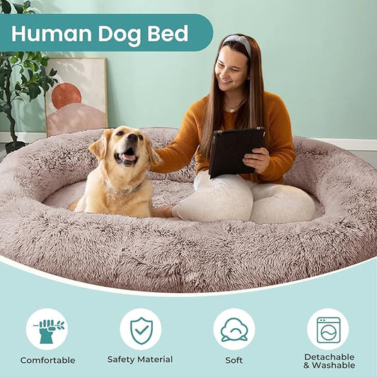 JOLLYVOGUE Human Dog Bed for Adults and Pets, Ultra-Soft Plush Giant Dog Bed with Egg Crate Foam, Non-Slip Base, and Machine Washable Cover - Ideal for Relaxation and Napping, Brown