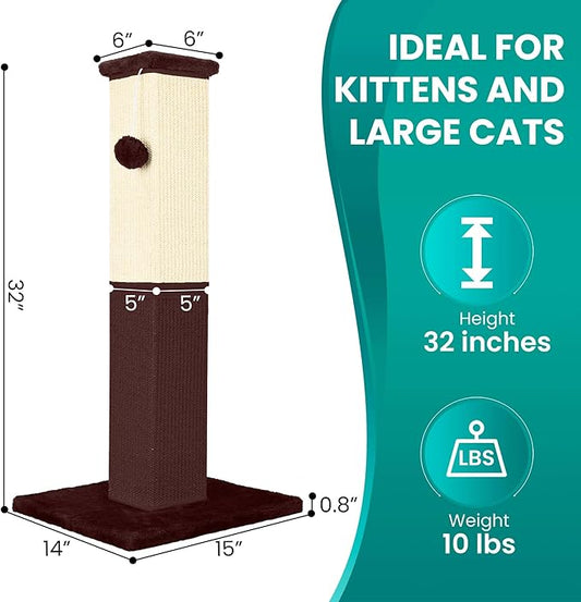 Cat Scratching Post, 32 Inch Cat Scratching Post for Large Cats, Cat Scratcher with Nature Sisal, Cat Scratch Post for Indoor Large Cats and Kitten, Brown