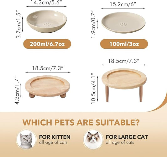 Raised Ceramic Wide Whisker Friendly Cat Dishes, Food&Water Bowl with 2 Style Stand Adjustable Pet Bowl Set(1Dish+1Shallow Dish+Stand