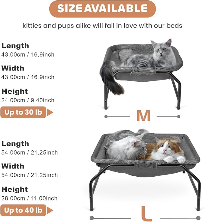 Large Cat Hammock Bed - Free-Standing Square Pet Sleeping Bed, Detachable, Easy Assembly for Indoor/Outdoor Use (Gray)