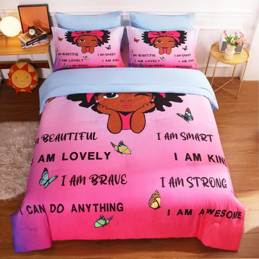 7 Piece Black Girls Magic Comforter Sets Full Size African American Girl Bedding Set Bed in A Bag for Girls Kids Teens Inspirational Quotes Pink Blue Quilts Room Decor