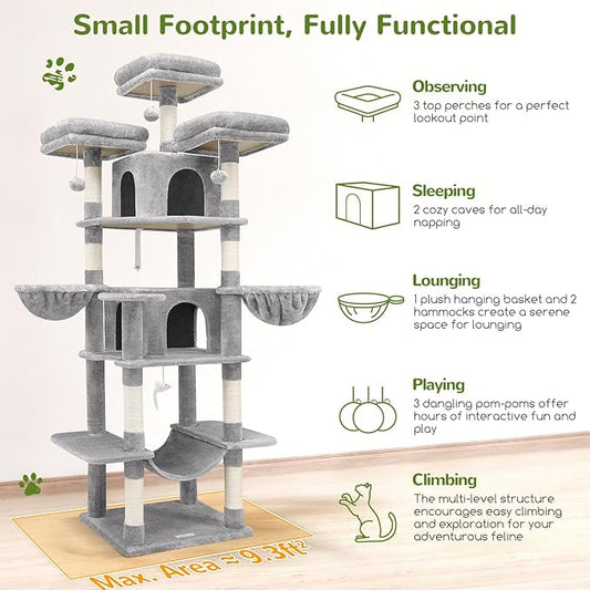 Globlazer Big Cat Tower for Indoor Cats, 80inch Cat Tower for Multiple Adult Cats XXL Cat Tree with Scratching Post, Hammock, 3 Perches, 2 Condos, 2 Hanging Basket, F80, Light Grey