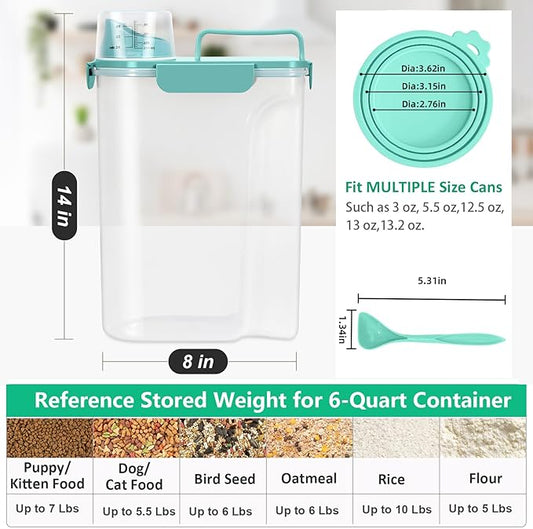 Pet Dog Cat Food Storage Container 5 to 7 lbs with Can Cover and Mixing Spoon, Airtight Travel Pet Food Storage Dispenser with Easy-pouring Spout & Cup, Kibble Dog Treat Bird Seed Container -Cyan