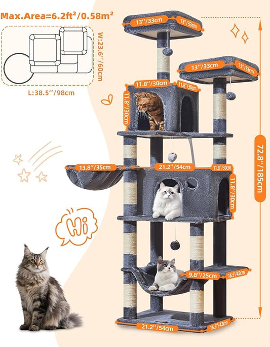 Taoqimiao Large Cat Tree,73-Inch Cat Tree Tower with 9 Scratching Posts for Indoor Cats, 2 Large Cat Condo with Hammock, Hanging Basket, 2 Extended Platform, Smoky Gray MS013XLG