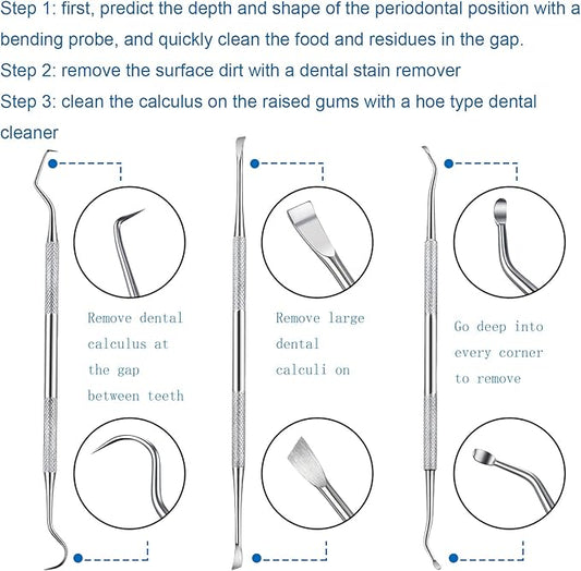 Hotop 3 Pieces Dog Dental Tooth Scaler and Scraper Stainless Double Headed Tarter Removing Tool Scraper Pet Teeth Cleaning Tools for Dog and Cat (Silver)