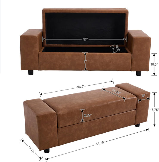 Storage Ottoman Bench 55 Inch Upholstered Comfy PU Leather End of Bed Bench with Large Storage for Bedroom/Living Room/Entryway/Closet(Brown)